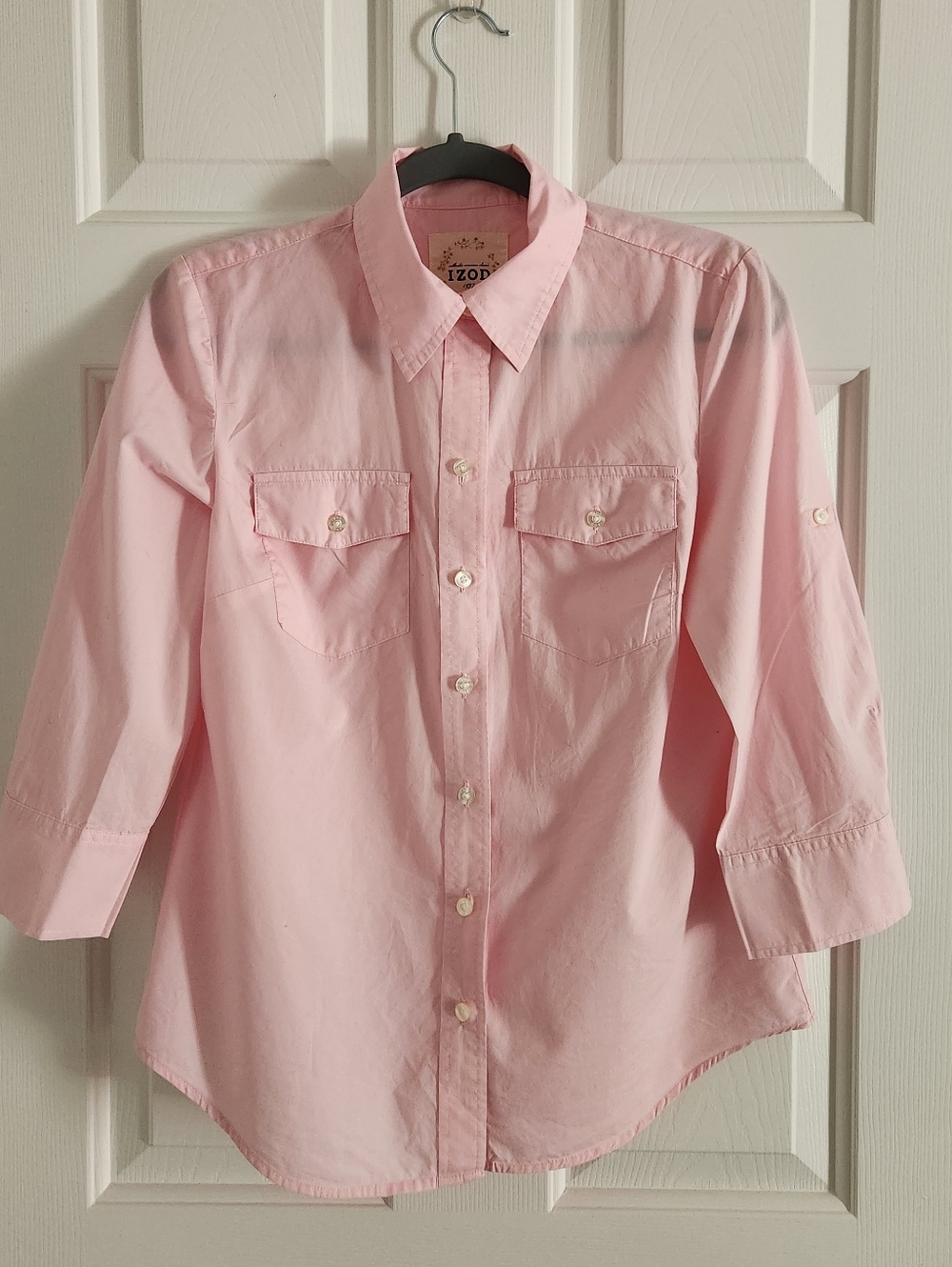 IZOD Womens' Light Pink Button-Up Shirt Quarter Length Sleeve 100% Cotton